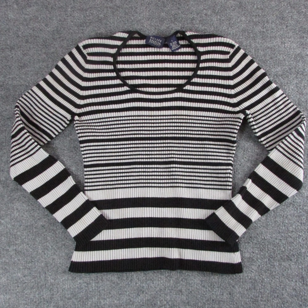 VTG Hillard & Hanson Casual Womens Lg Black White Striped Ribbed Knit Scoop Neck